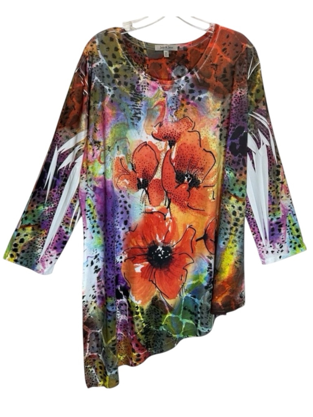 Jess & Jane Multicolor Floral Asymmetric Tunic w/ Rhinestone Details - Size 2X
